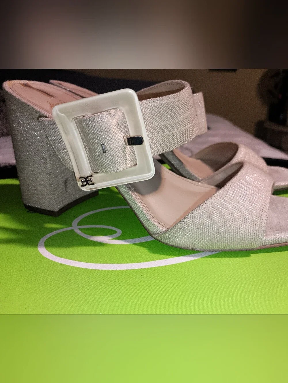Sam Edelman DALTON in Sand/Metallic Linen Sandal w/Block Heel & Buckle Size 10M